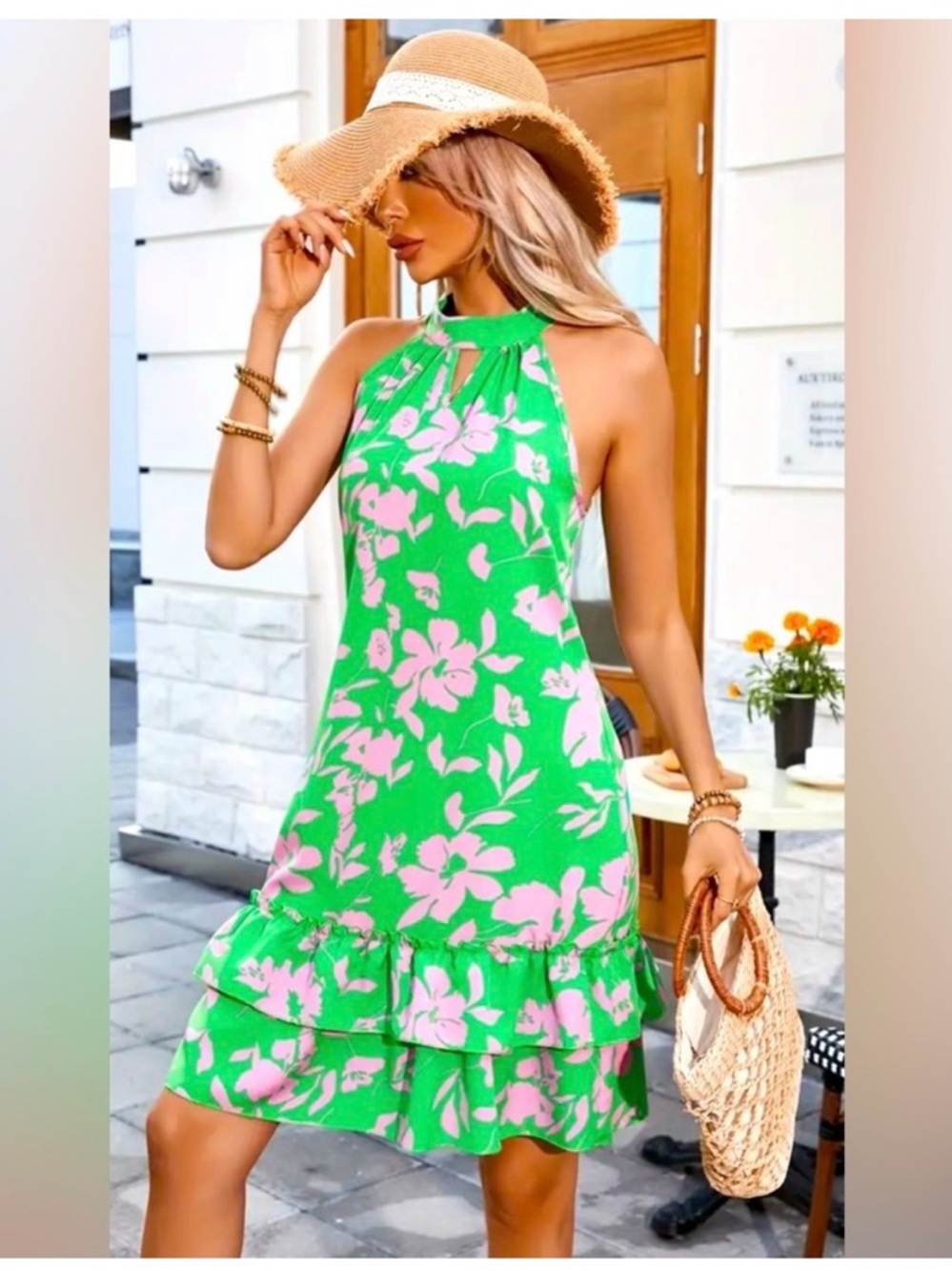 Floral Green and Pink A line tie at neck sleeveless. A show stopper! sz M